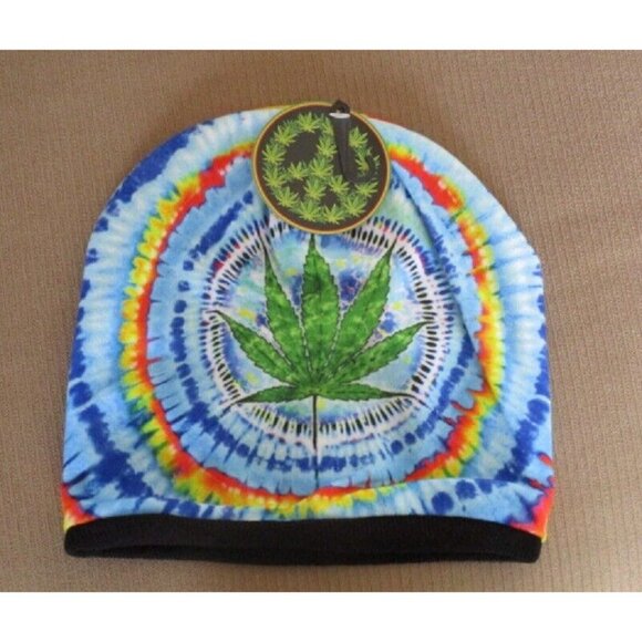 New Pot Leaf Beanie Adult Hat Tie Dye Winter Soft Marijuana Smoke Weed Cannabis - Picture 2 of 2
